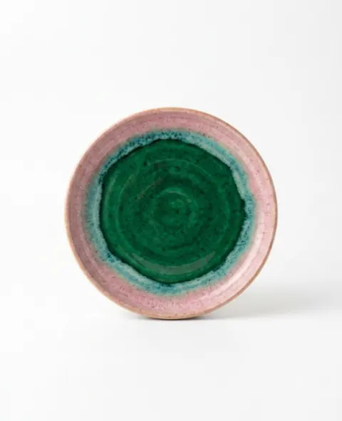 Límni ceramic dinner plate with rose, teal and pine glaze gradient